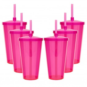 6 Copos Acrílico Twister Roder 500ml Rosa Neon